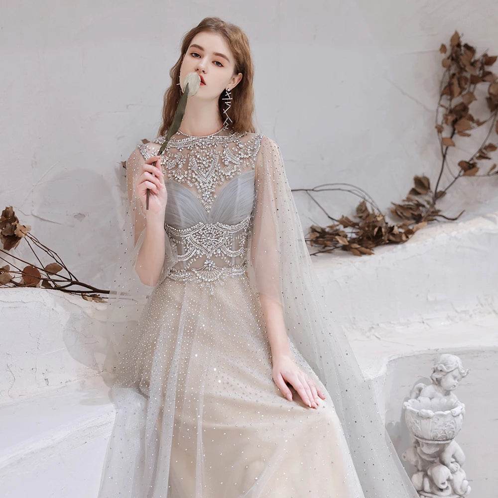YOUXI Customized Elegant Evening Dress - Crystal Beaded Cape Gown - Buy Center
