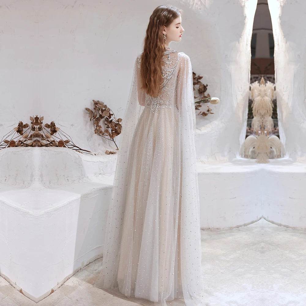 YOUXI Customized Elegant Evening Dress - Crystal Beaded Cape Gown - Buy Center