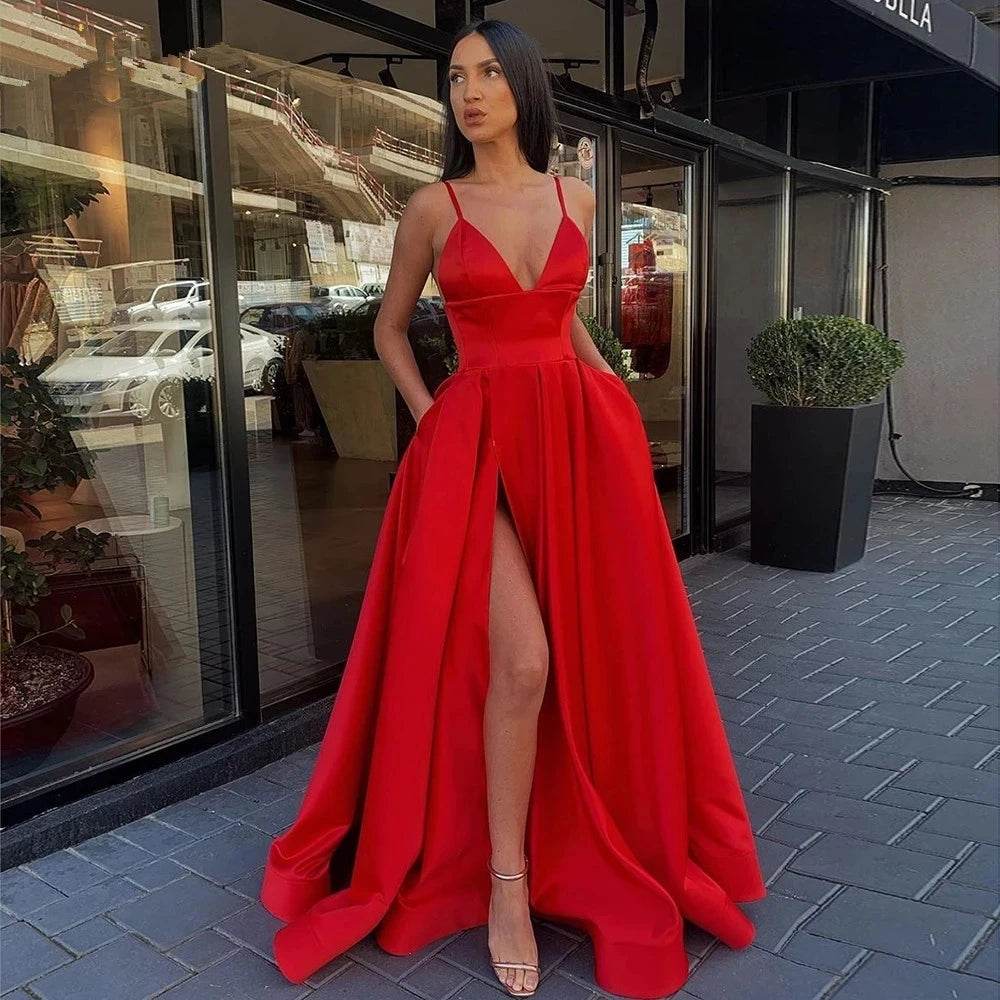 Elegant V Neck Satin Evening Dress - Spaghetti Strap Side Slit - Buy Center