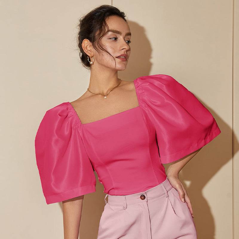 Women's Retro Lantern Sleeve Top - Elegant Square Collar, Stylish Design - Buy Center