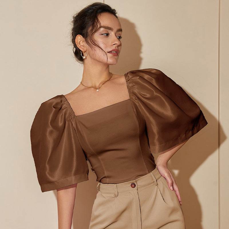 Women's Retro Lantern Sleeve Top - Elegant Square Collar, Stylish Design - Buy Center