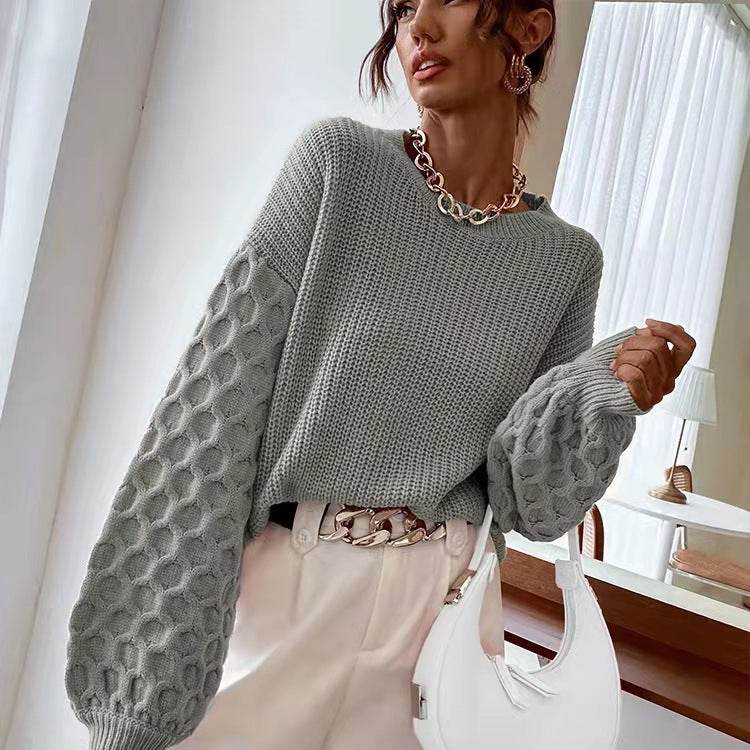 Cozy Pullover Knitting Round Neck Sweaters - Stylish Lantern Sleeve Design - Buy Center