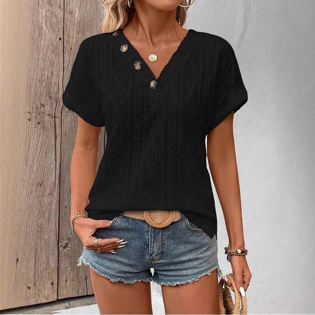 Spring & Summer V-Neck Jacquard Top - Trendy Button Blouse for 2025 - Buy Center