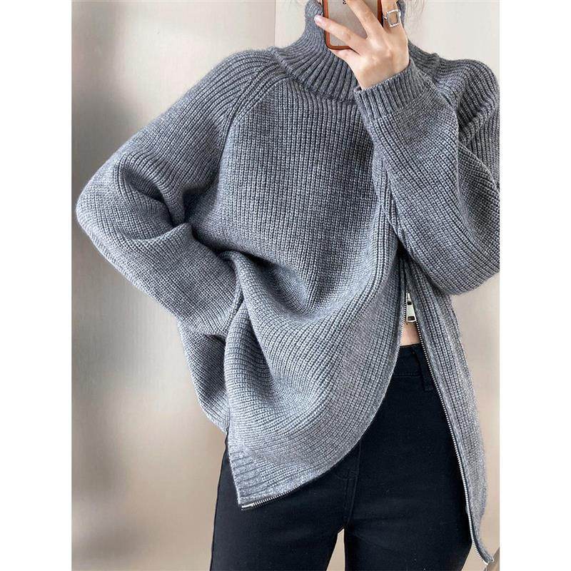 Stylish Plus Size Turtleneck Sweater Coat - Cozy Double-Headed Zipper - Buy Center