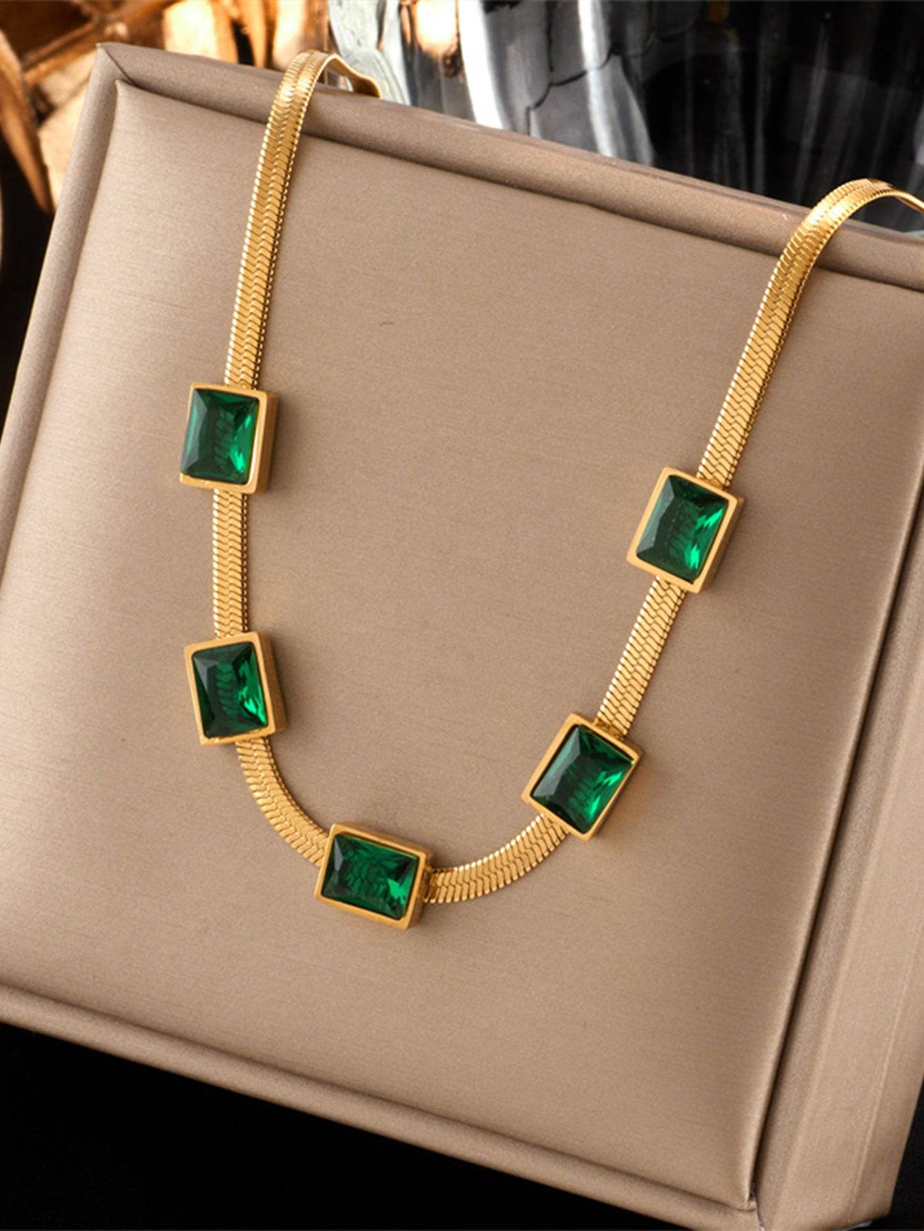 Elegant Green Zircon Titanium Steel Necklace & Bracelet Set for Women - Buy Center