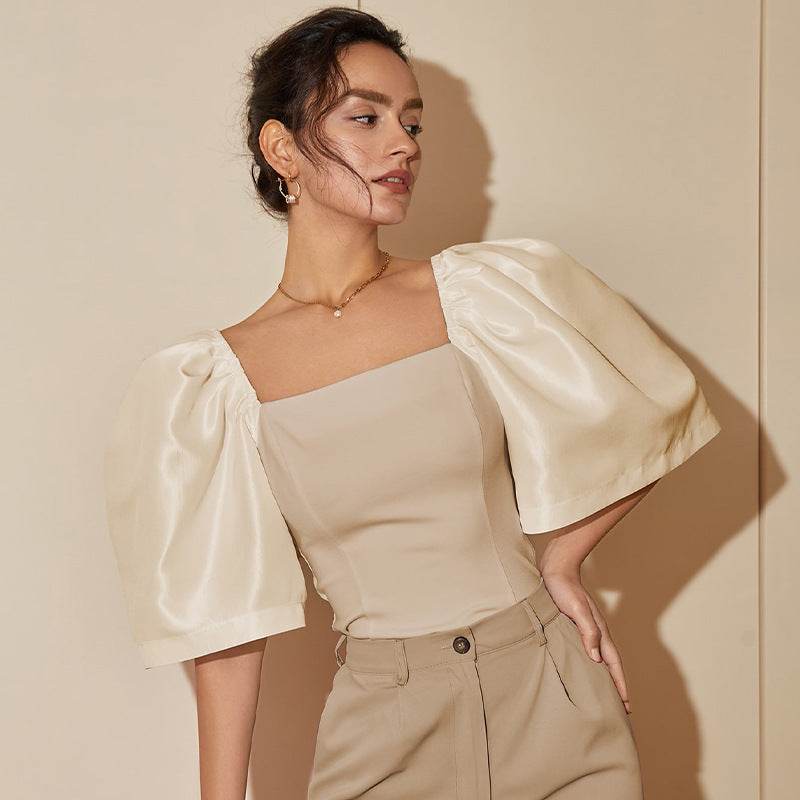 Women's Retro Lantern Sleeve Top - Elegant Square Collar, Stylish Design - Buy Center