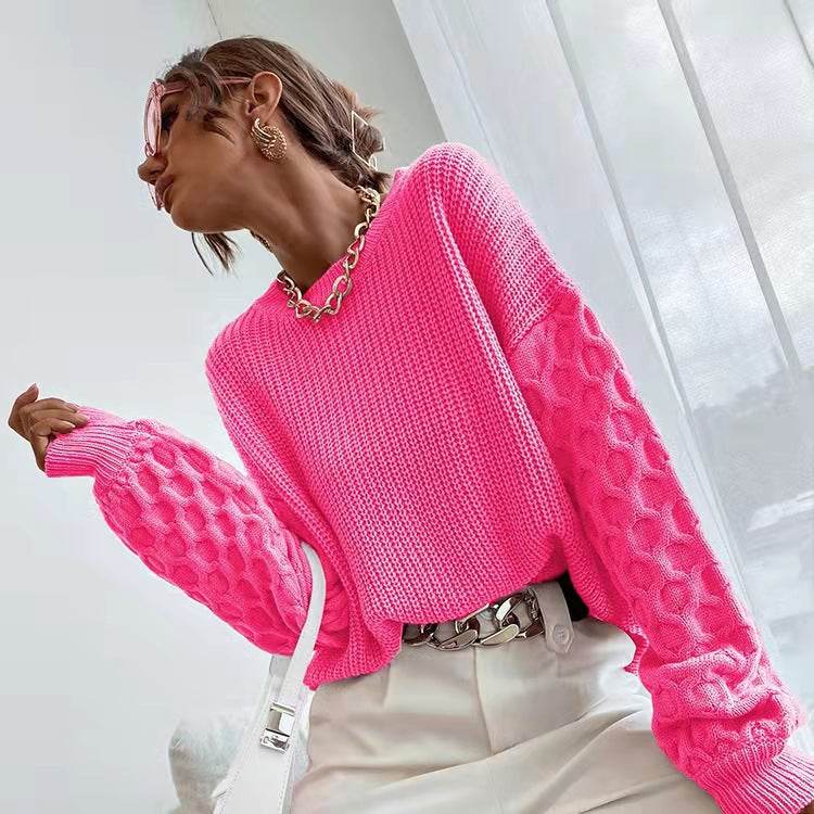 Cozy Pullover Knitting Round Neck Sweaters - Stylish Lantern Sleeve Design - Buy Center