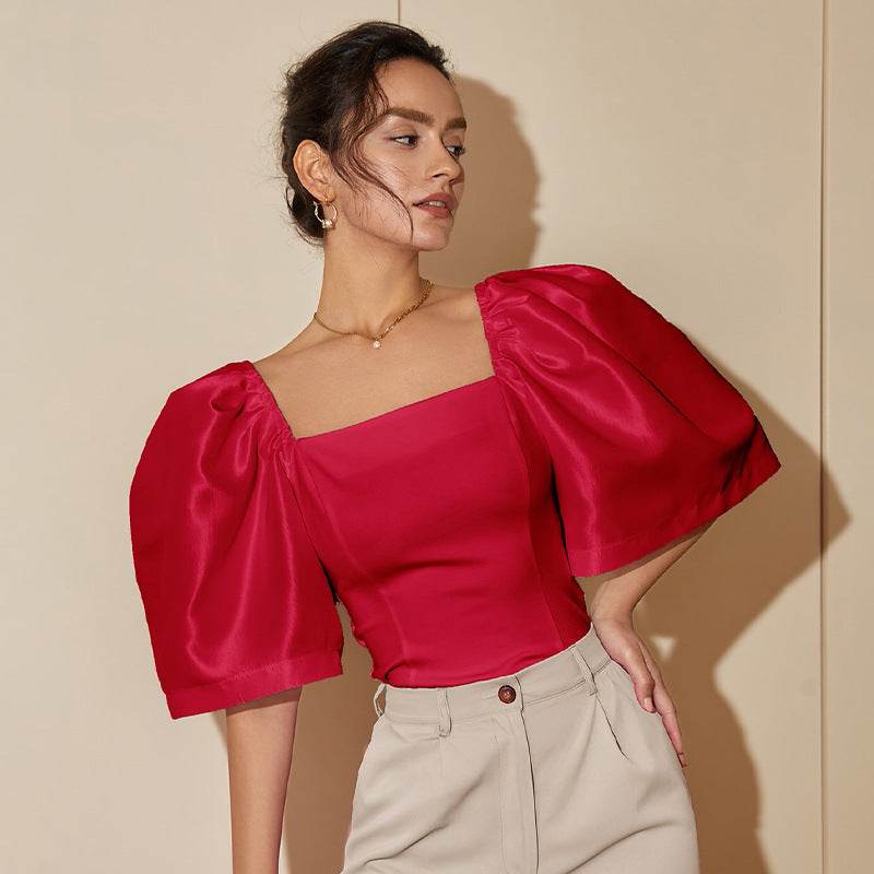 Women's Retro Lantern Sleeve Top - Elegant Square Collar, Stylish Design - Buy Center