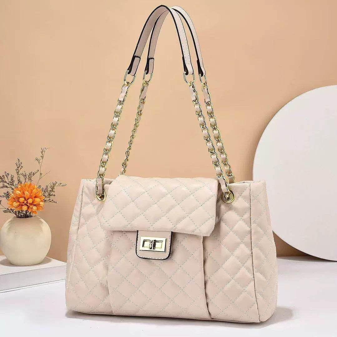 Women's Solid Color Chain Shoulder Bag - Elegant Embroidery & Large Capacity - Buy Center