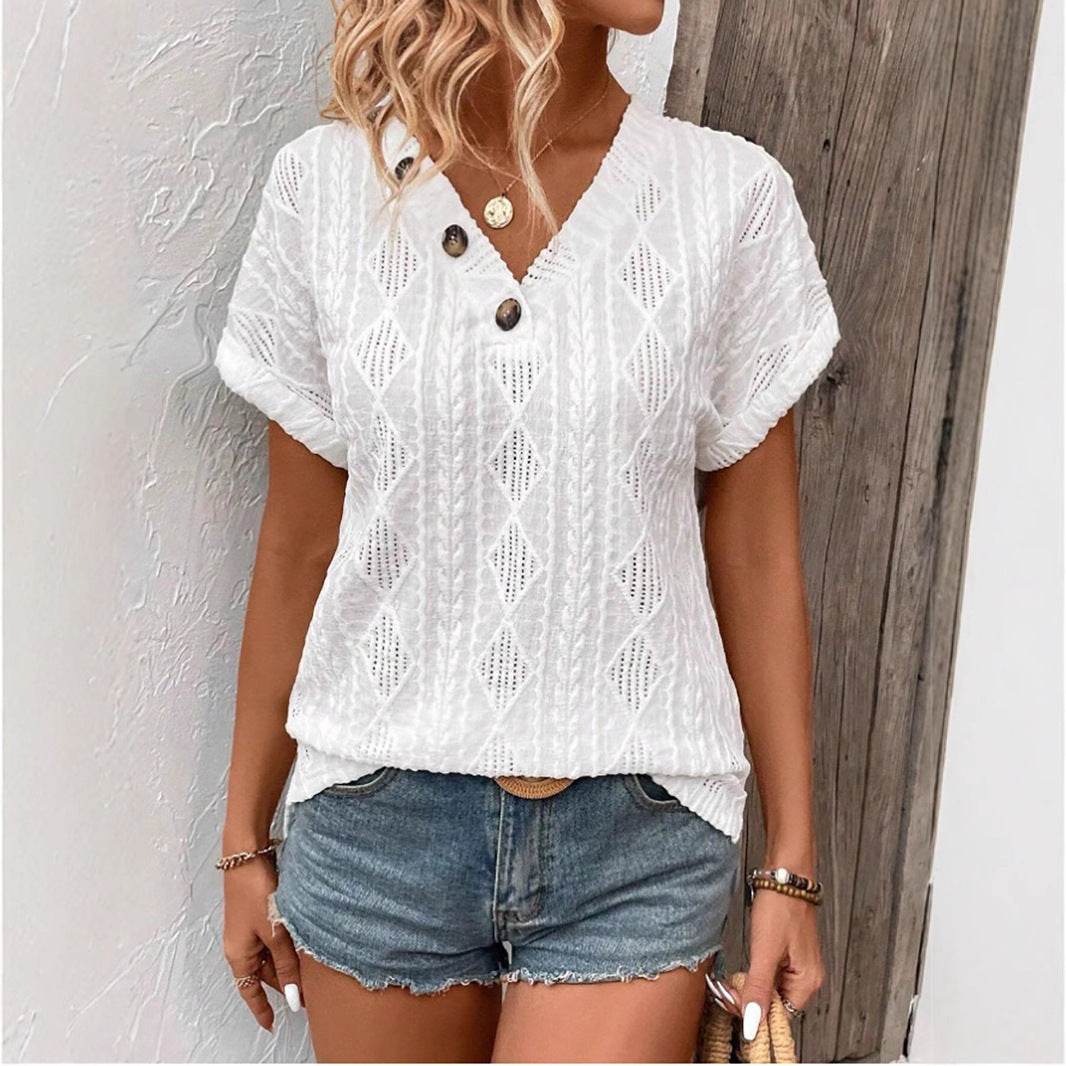 Spring & Summer V-Neck Jacquard Top - Trendy Button Blouse for 2025 - Buy Center