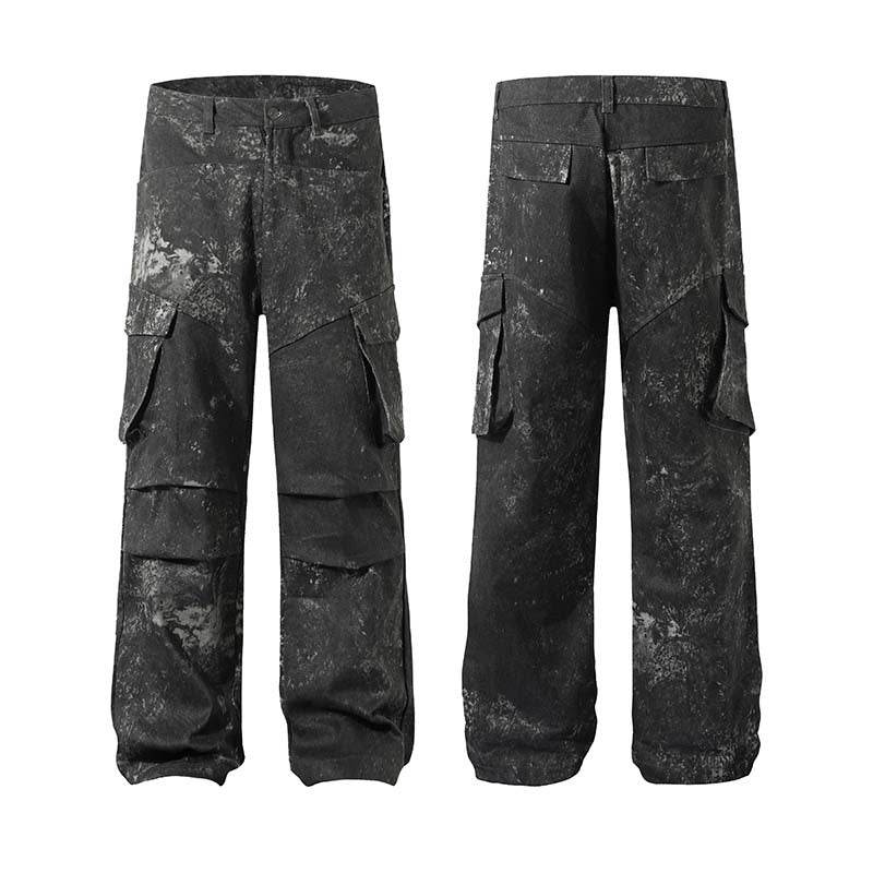 Men's Distressed Cargo Pants - Multi-Pocket, Trendy Splashed Ink Style - Buy Center