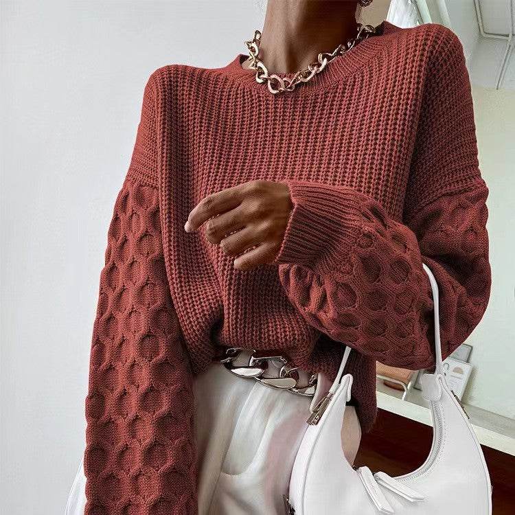 Cozy Pullover Knitting Round Neck Sweaters - Stylish Lantern Sleeve Design - Buy Center