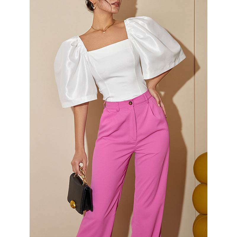 Women's Retro Lantern Sleeve Top - Elegant Square Collar, Stylish Design - Buy Center