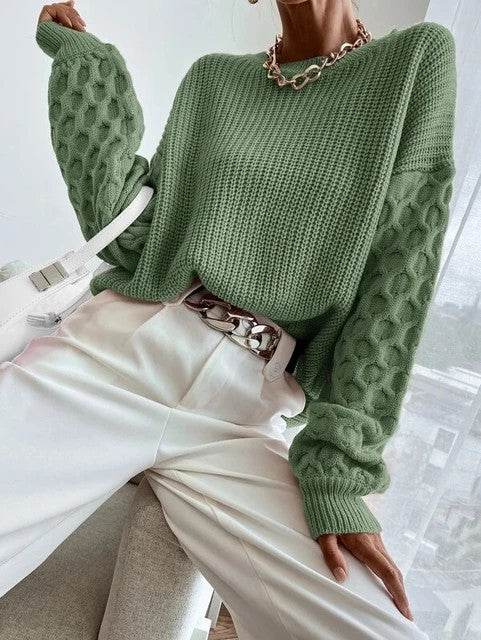 Cozy Pullover Knitting Round Neck Sweaters - Stylish Lantern Sleeve Design - Buy Center