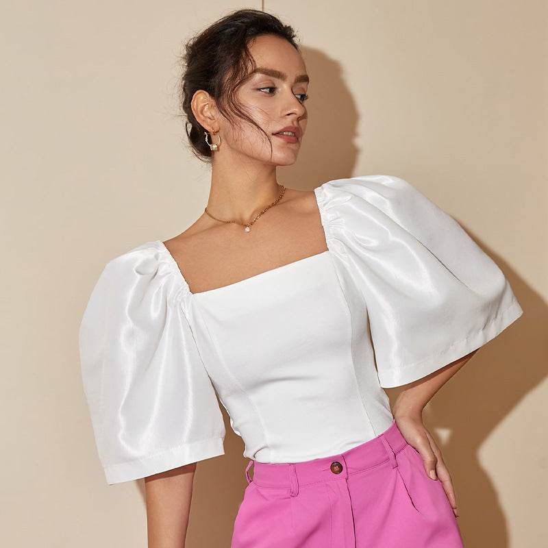 Women's Retro Lantern Sleeve Top - Elegant Square Collar, Stylish Design - Buy Center