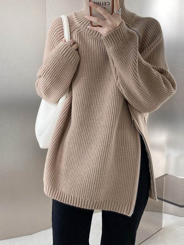 Stylish Plus Size Turtleneck Sweater Coat - Cozy Double-Headed Zipper - Buy Center