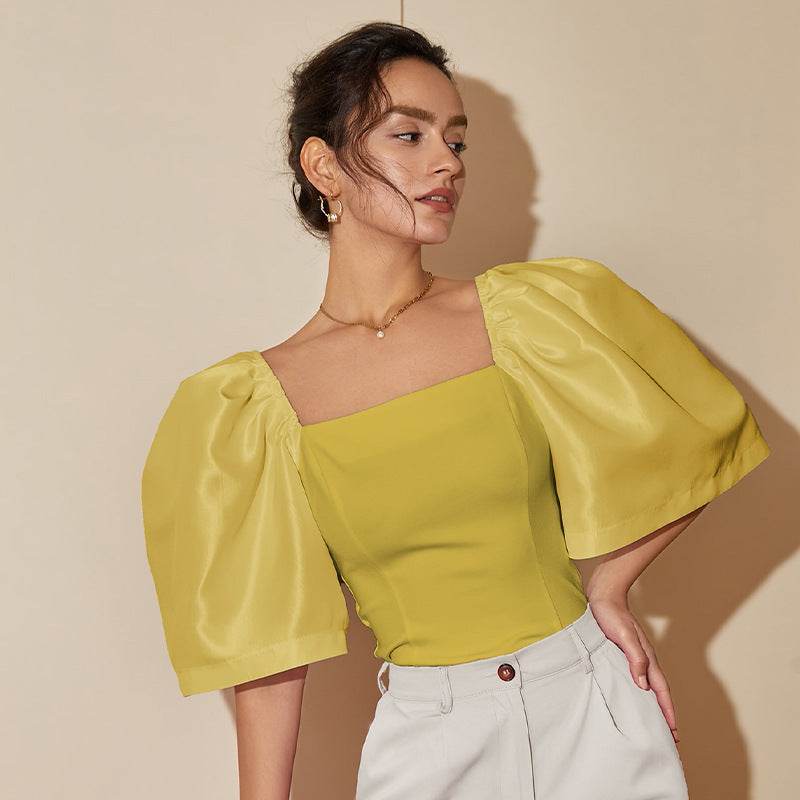 Women's Retro Lantern Sleeve Top - Elegant Square Collar, Stylish Design - Buy Center