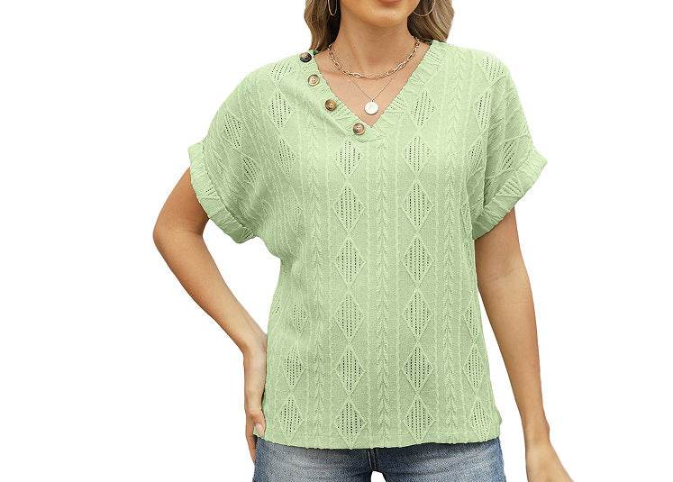 Spring & Summer V-Neck Jacquard Top - Trendy Button Blouse for 2025 - Buy Center
