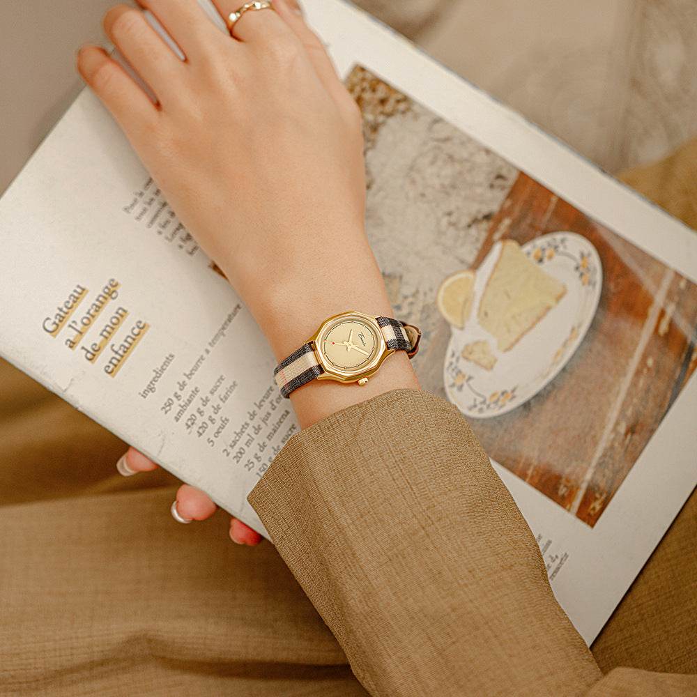 Women's Retro Minority Design Watch - Brown Plaid Strap & Gold Frame - Buy Center