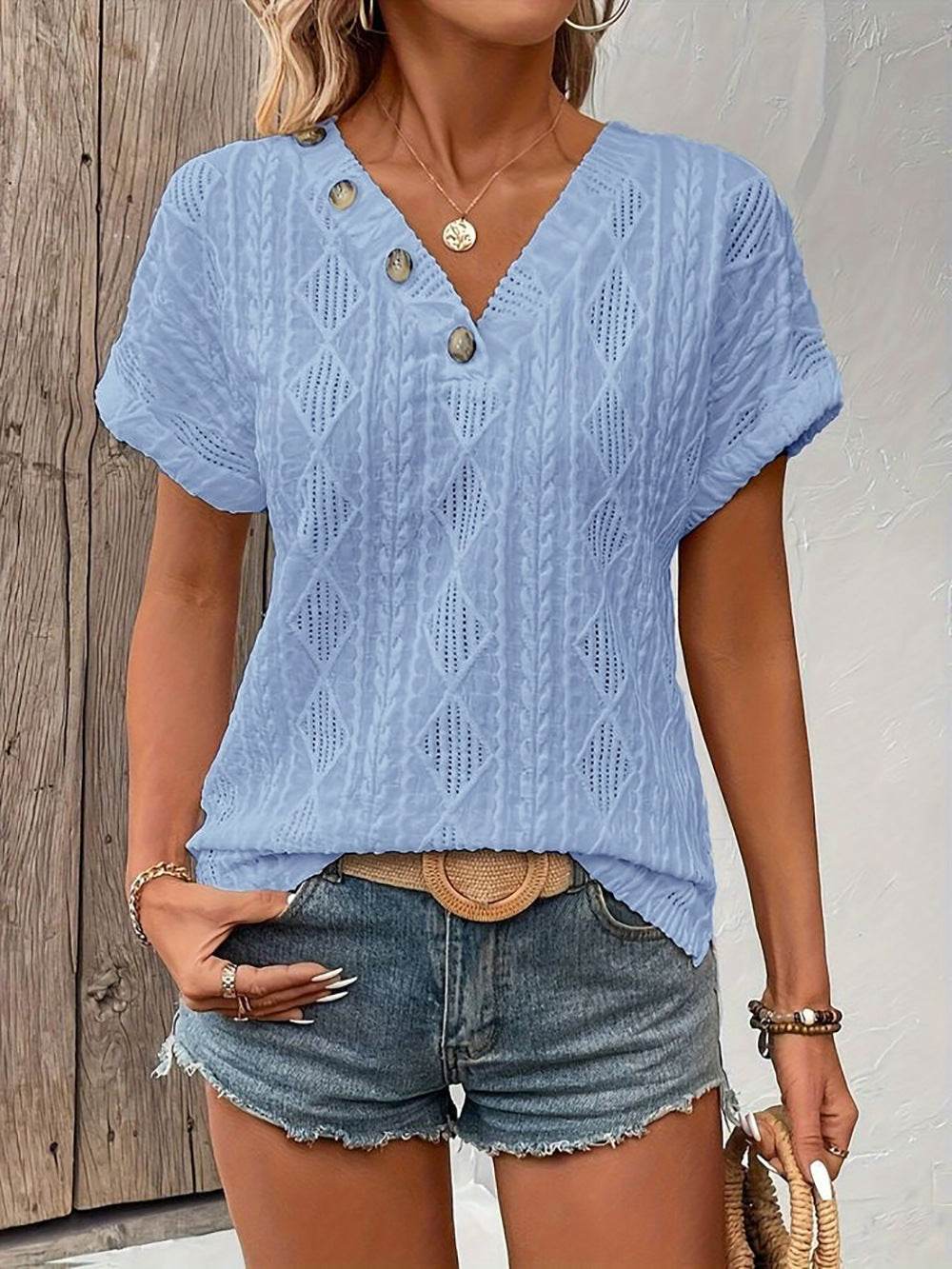 Spring & Summer V-Neck Jacquard Top - Trendy Button Blouse for 2025 - Buy Center