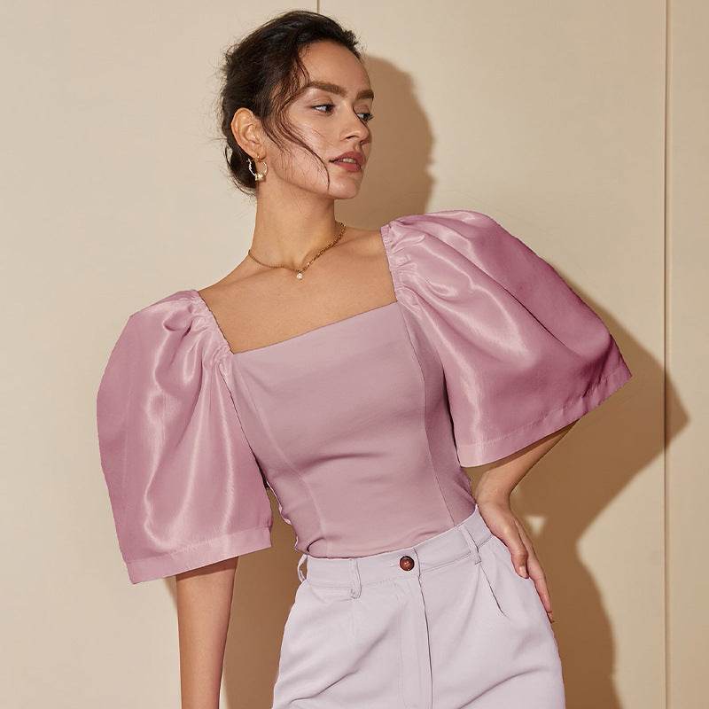 Women's Retro Lantern Sleeve Top - Elegant Square Collar, Stylish Design - Buy Center