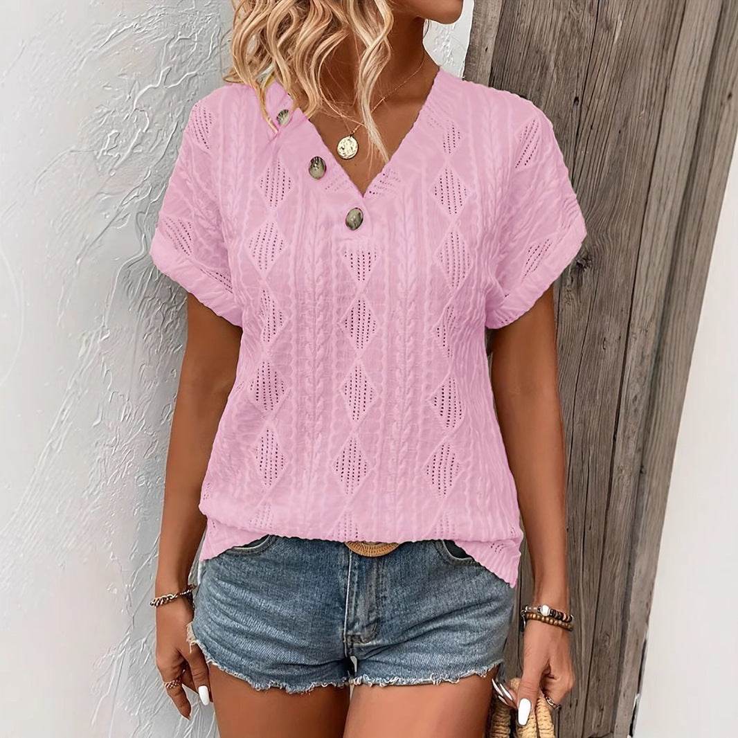 Spring & Summer V-Neck Jacquard Top - Trendy Button Blouse for 2025 - Buy Center