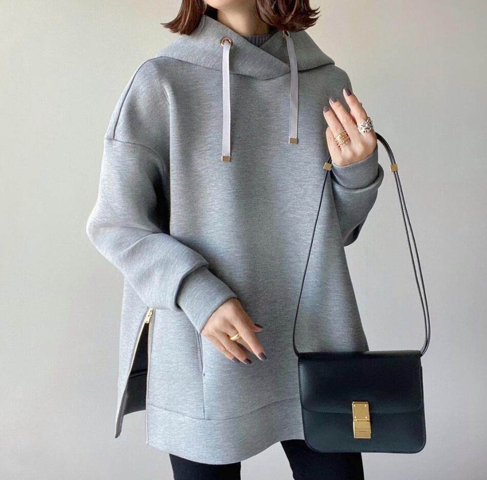 Stylish Women's Loose Hooded Sweater - Melange Gray with Side Zipper - Buy Center