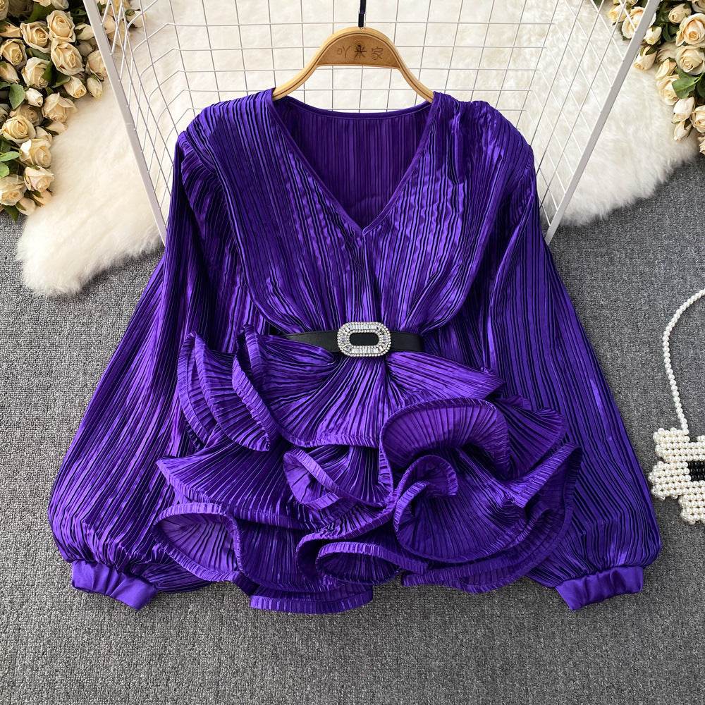 Lantern Sleeve V-Neck Pullover Shirt - Stylish Free Size Blouse for 2025 - Buy Center