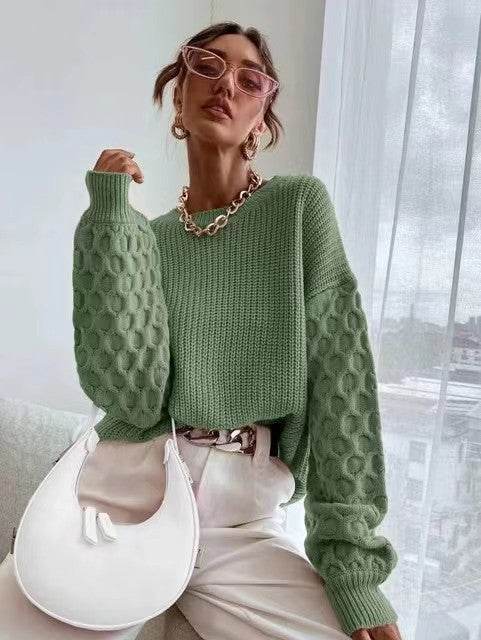 Cozy Pullover Knitting Round Neck Sweaters - Stylish Lantern Sleeve Design - Buy Center