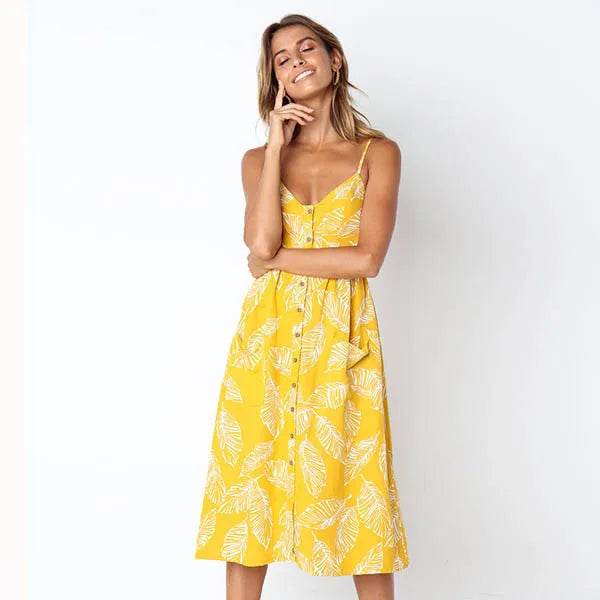 Women's Beach Print Midi Dress - Spaghetti Strap V-Neck Style - Buy Center
