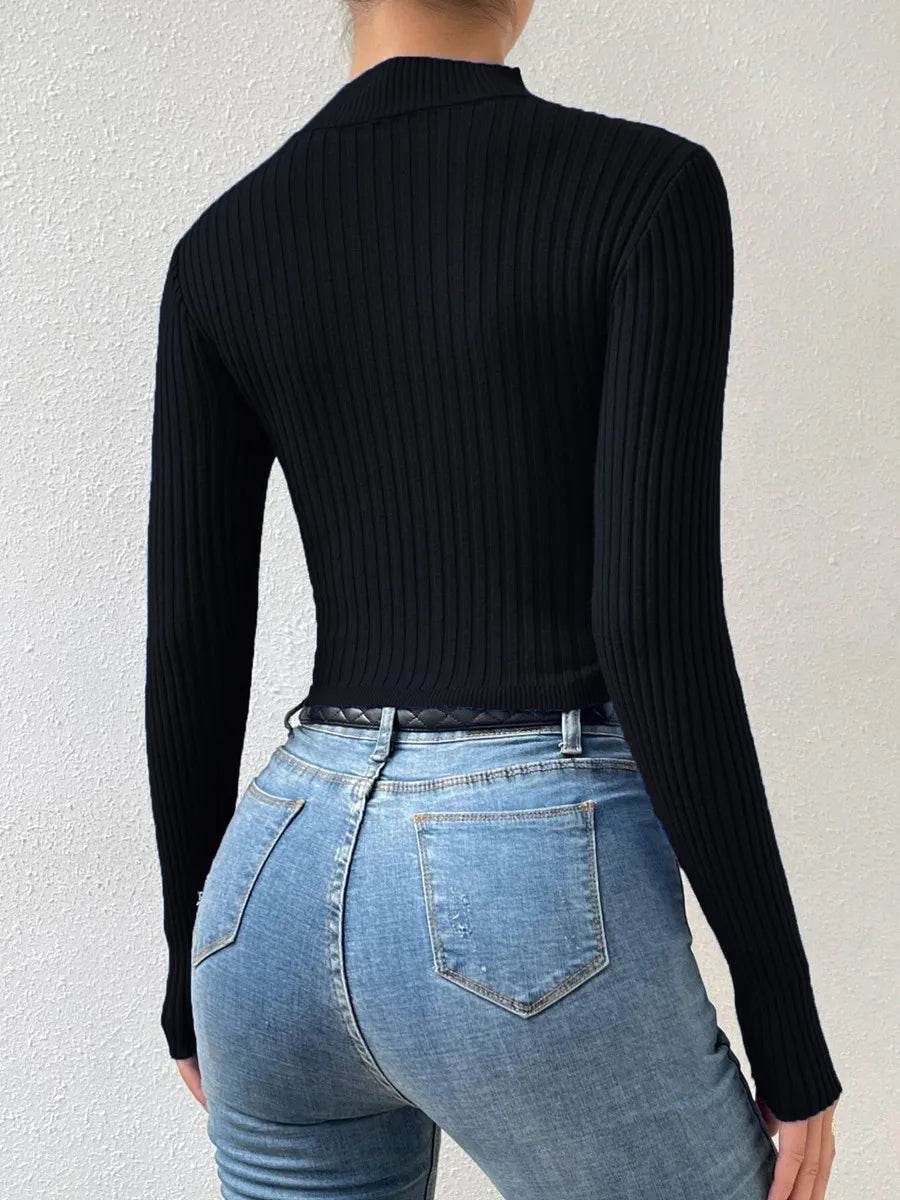 Women's Long Sleeve Choker Neck Crop Top - Casual Autumn Fashion - Buy Center