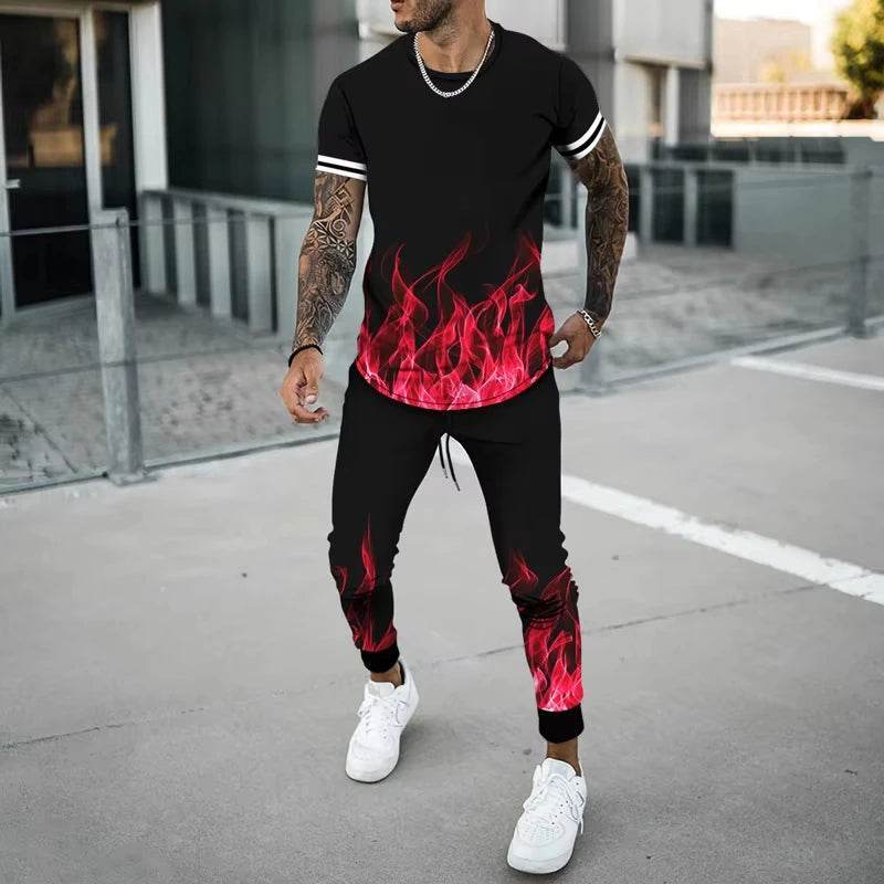Flame 3D Printed Casual Summer Set - Short Sleeve T-Shirt & Pants - Buy Center