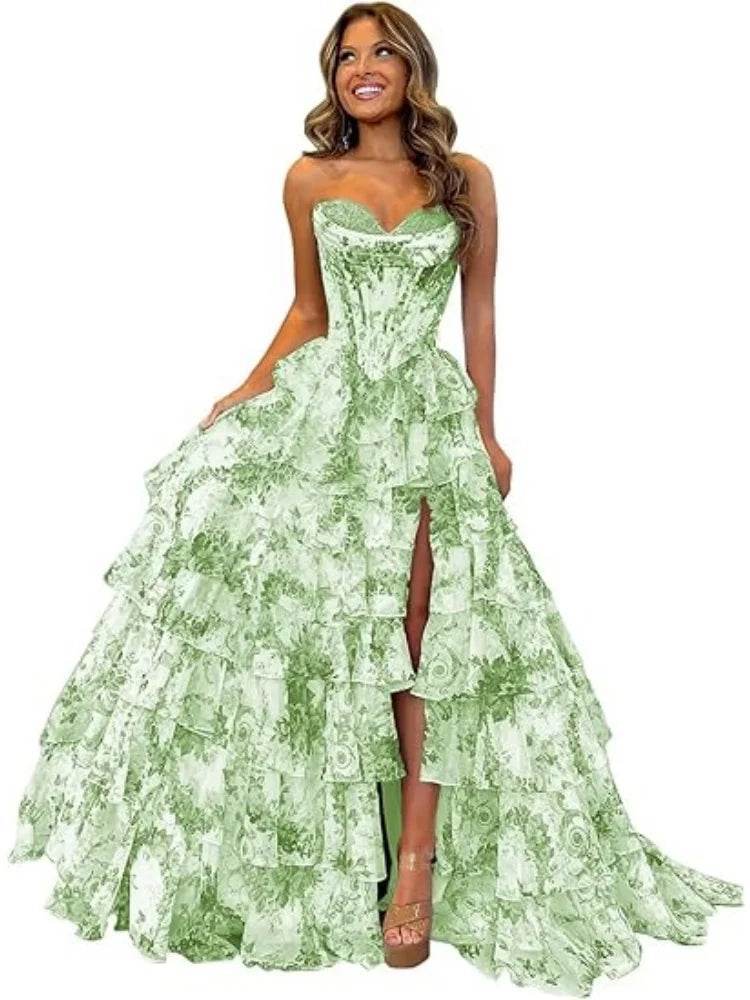 TSxuelian Floral Tiered Prom Dress - Strapless Ruffle Evening Gown - Buy Center