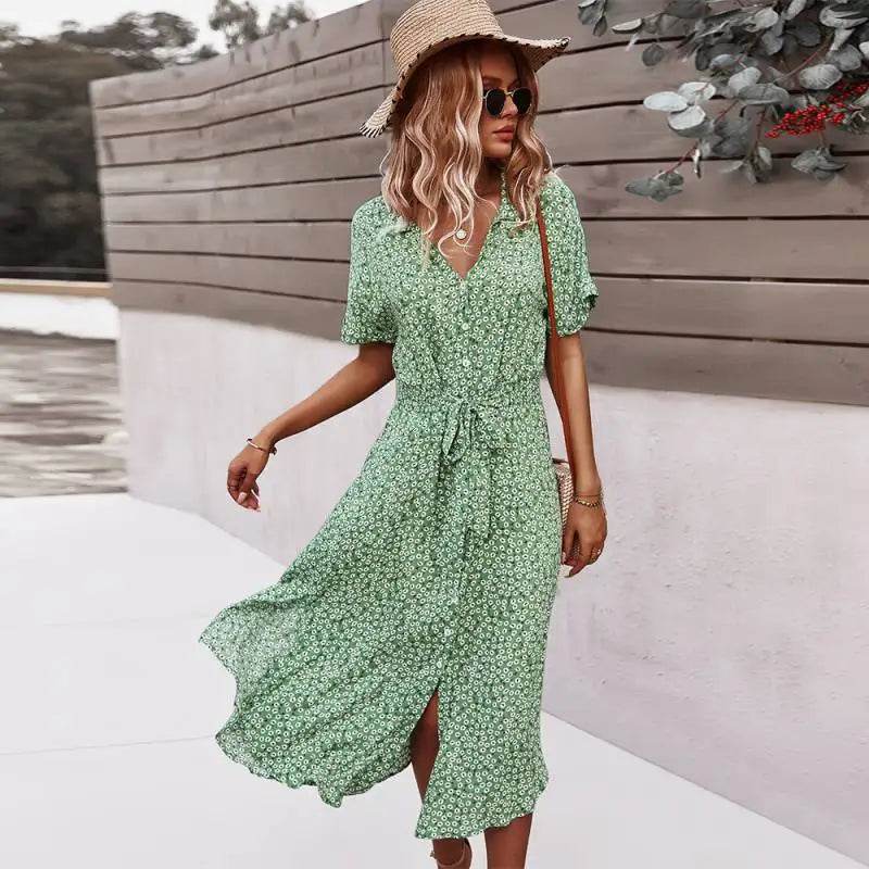 Bohemian Floral Print Midi Dress - Short Sleeve V-Neck Women's Wear - Buy Center
