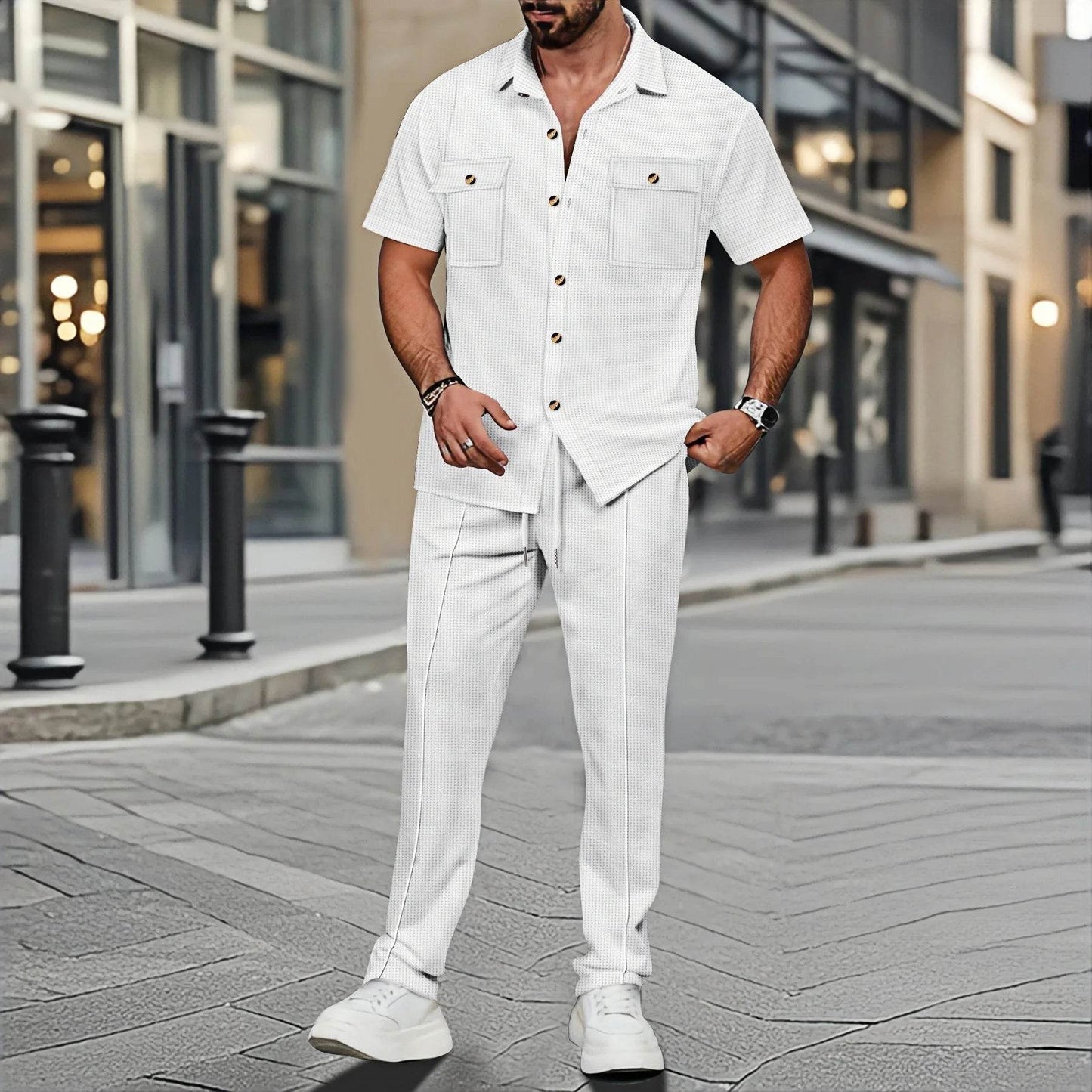 Men's Casual Short-Sleeved Waffle Check Shirt - Summer Fashion Set - Buy Center