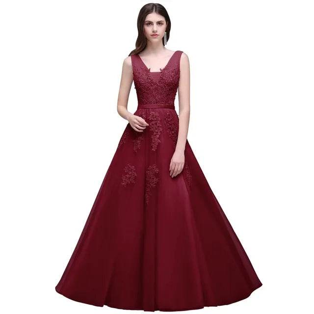Elegant A-Line V-Neck Tulle Dress - Sleeveless Prom Gown for Women - Buy Center