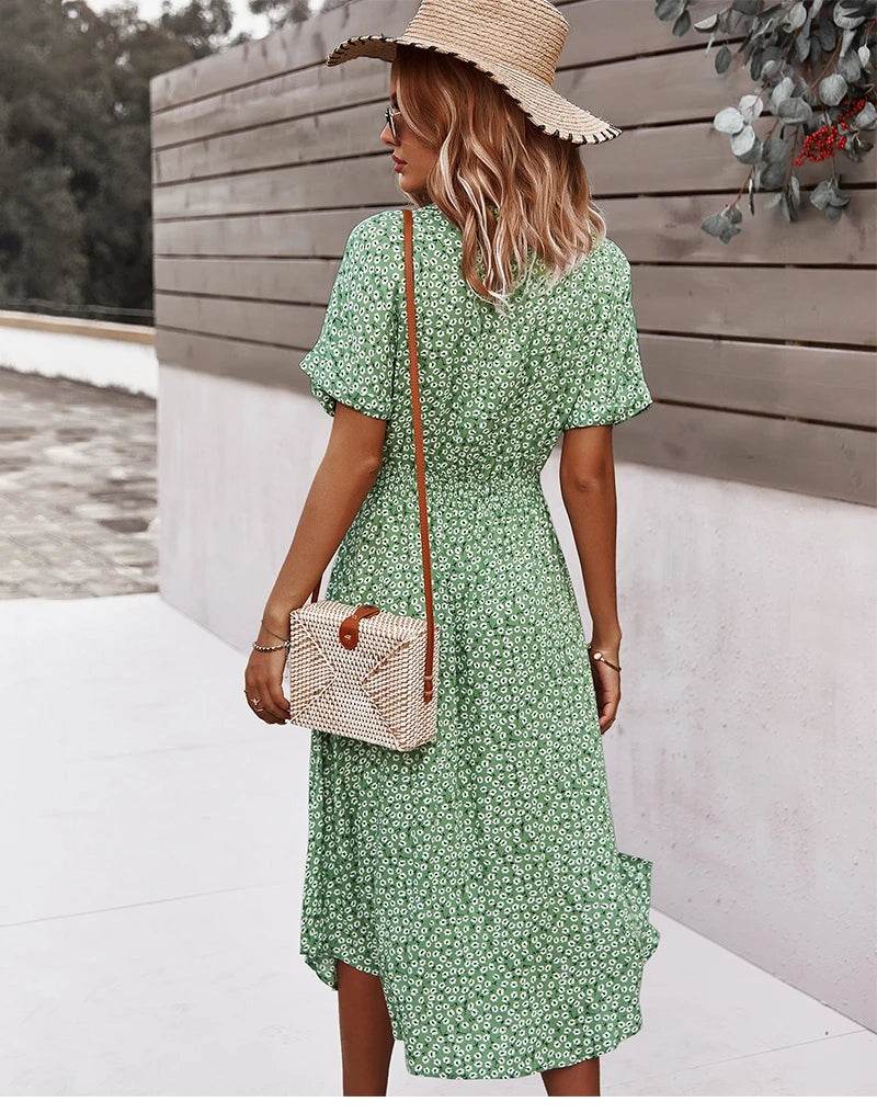 Bohemian Floral Print Midi Dress - Short Sleeve V-Neck Women's Wear - Buy Center