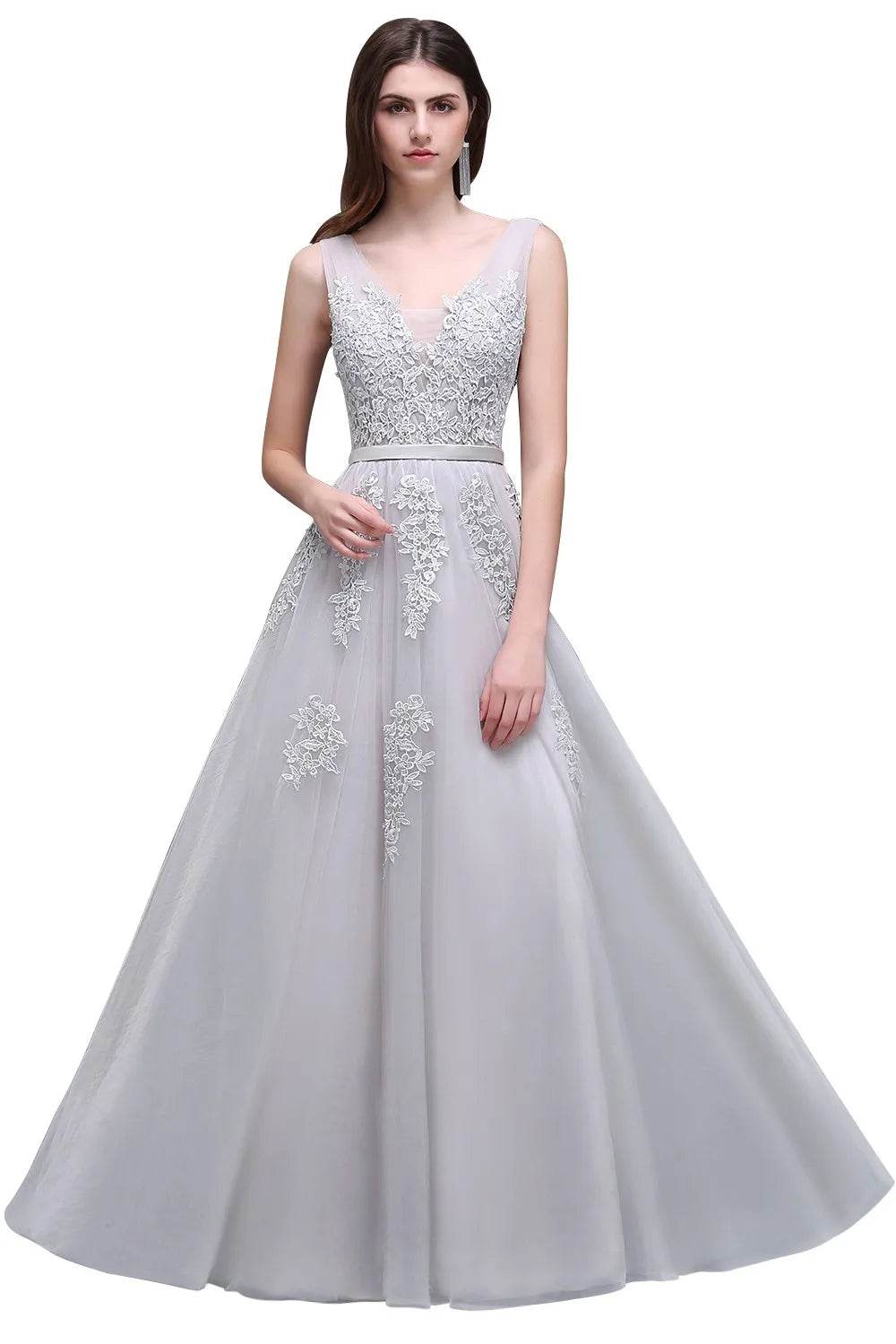 Elegant A-Line V-Neck Tulle Dress - Sleeveless Prom Gown for Women - Buy Center