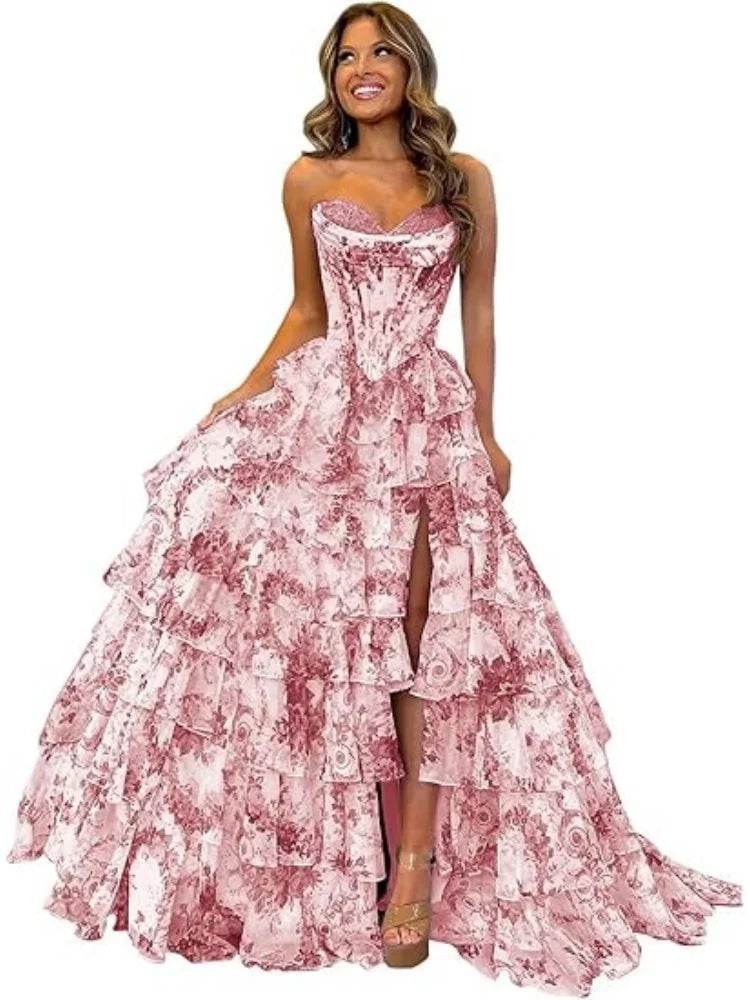 TSxuelian Floral Tiered Prom Dress - Strapless Ruffle Evening Gown - Buy Center