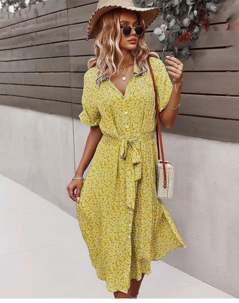 Bohemian Floral Print Midi Dress - Short Sleeve V-Neck Women's Wear - Buy Center