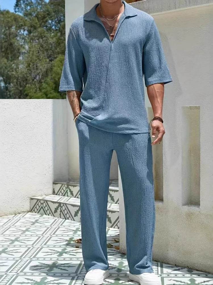 2025 Men's Retro Casual Beach Suit - Half-Sleeve Solid Color Shirt - Buy Center