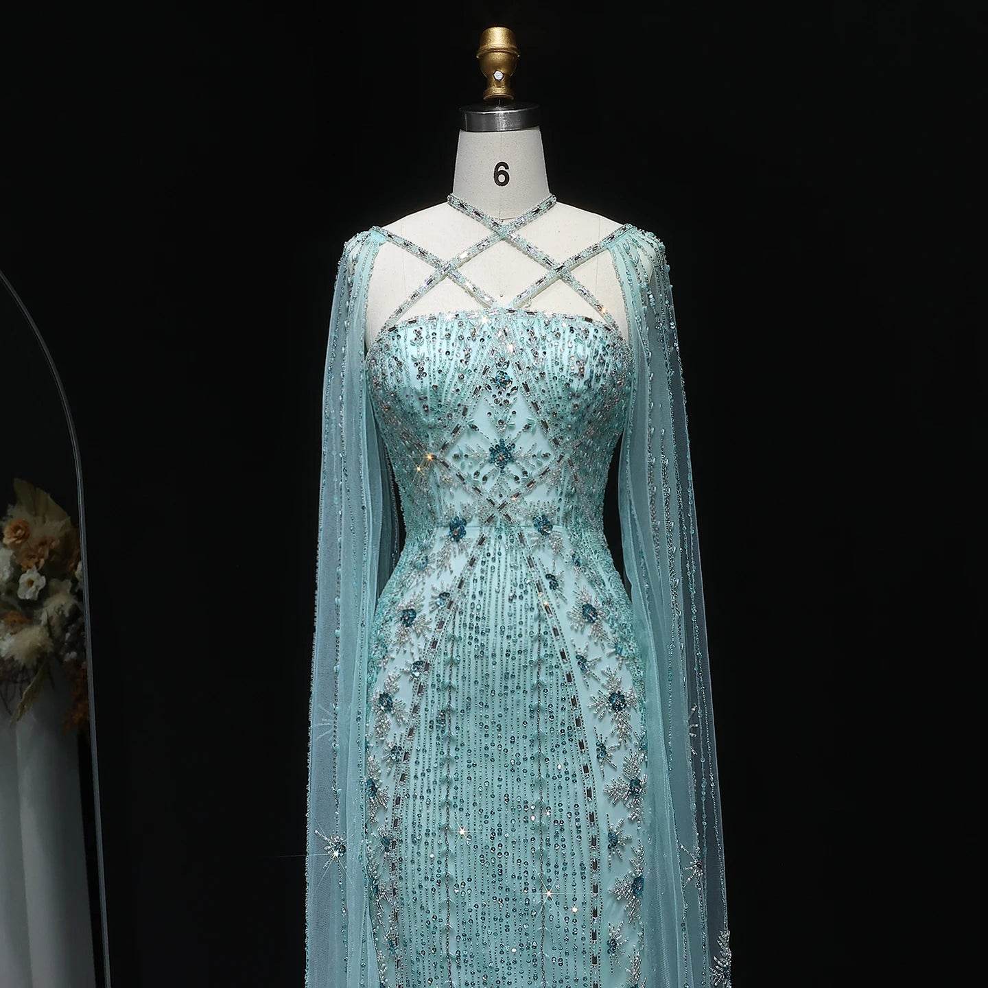 Sharon Said Aqua Lilac Mermaid Evening Dress with Cape Sleeves - Buy Center
