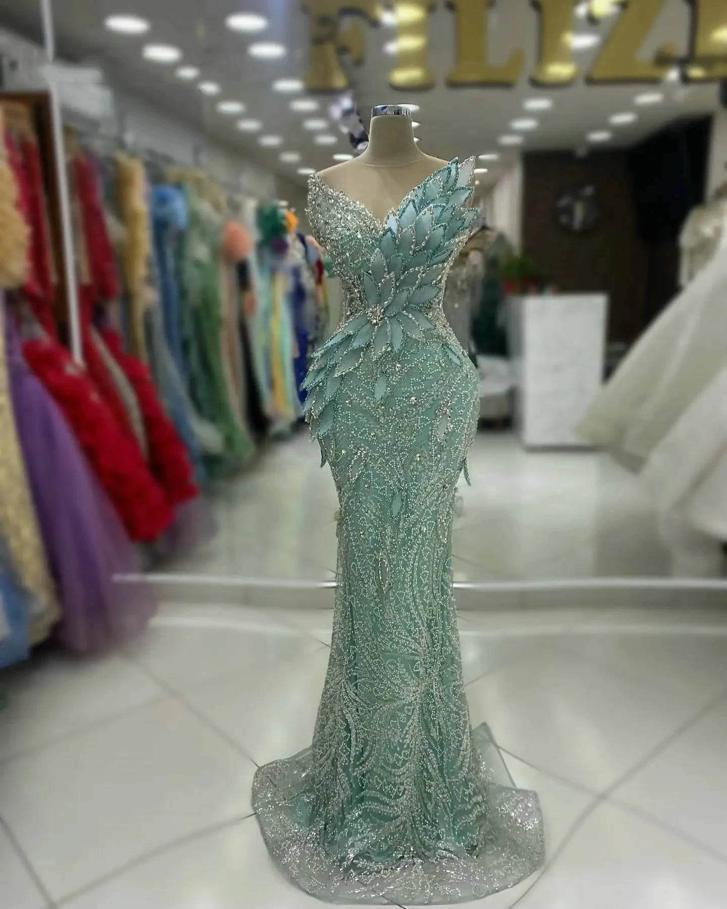 Mint Green 3D Flower Mermaid Dress - Sparkling Leaf Design for Events - Buy Center