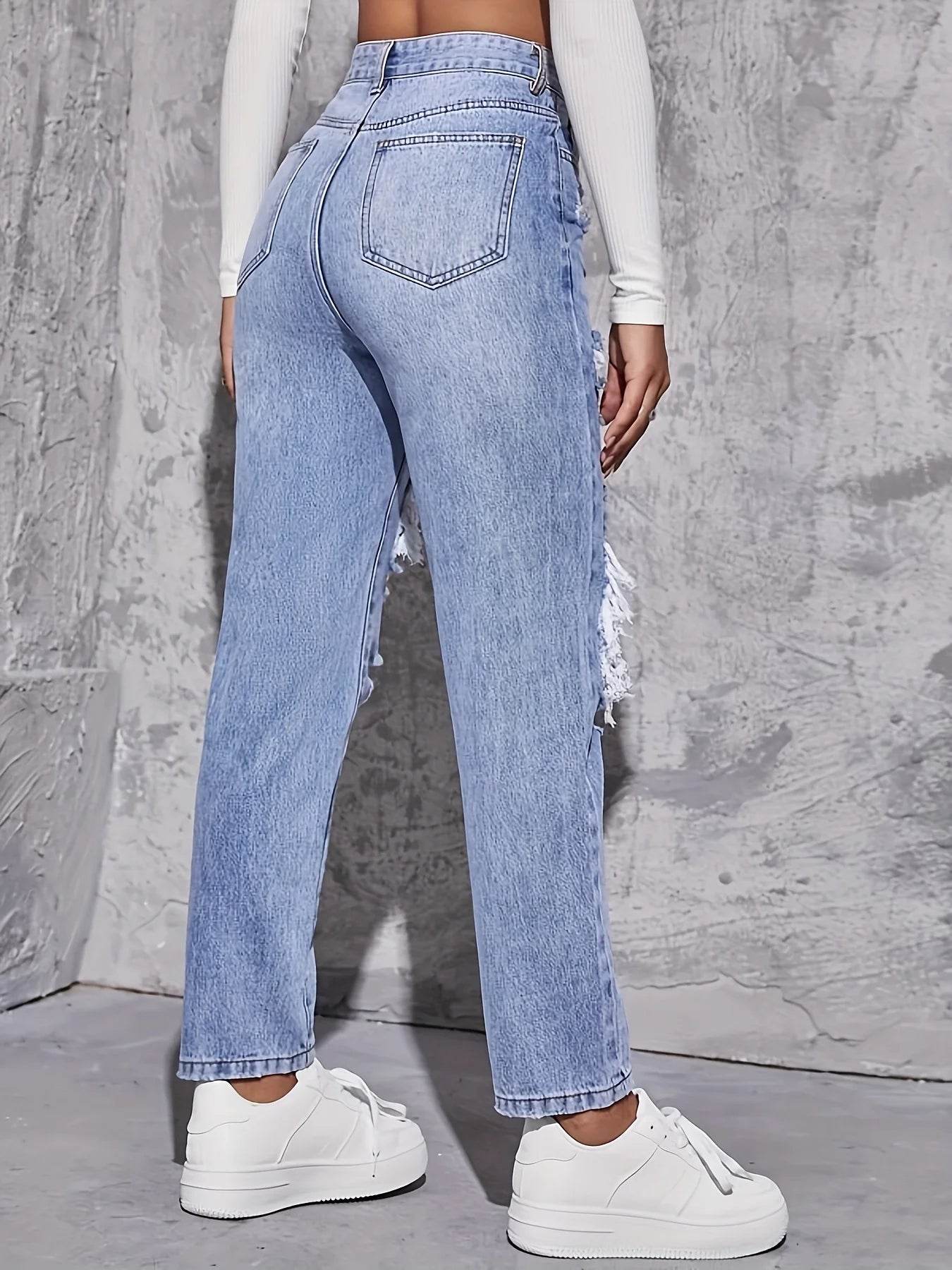 American Retro High Waist Hole-Punched Jeans for Women - Loose Fit - Buy Center