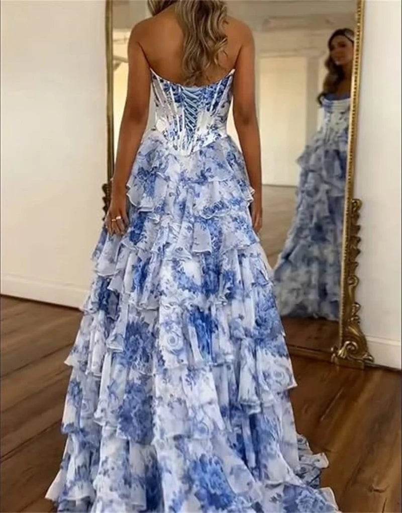 TSxuelian Floral Tiered Prom Dress - Strapless Ruffle Evening Gown - Buy Center