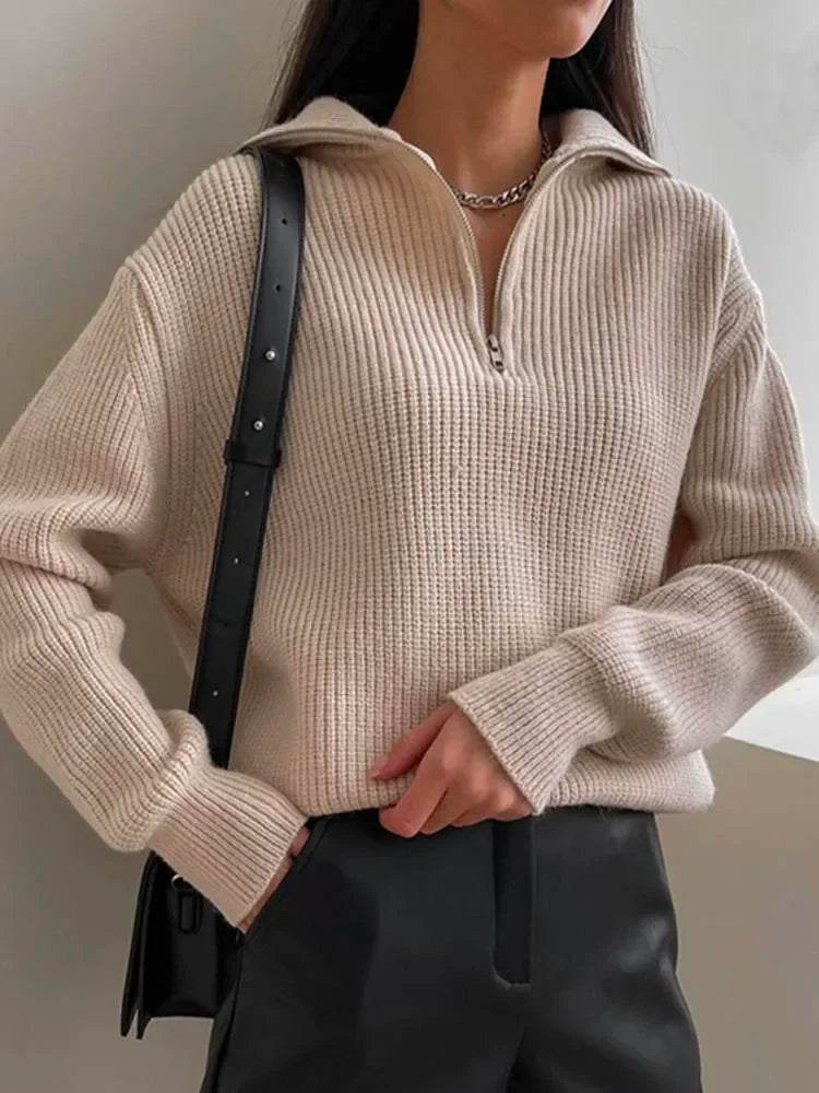 Casual Women's Turtleneck Sweater - Zipper Design, Loose Fit - Buy Center