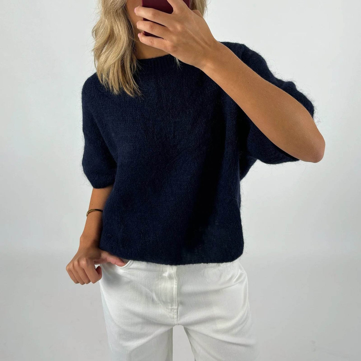 Imcute Women's Short Sleeve Crop Sweater - Casual Vintage Knitwear - Buy Center