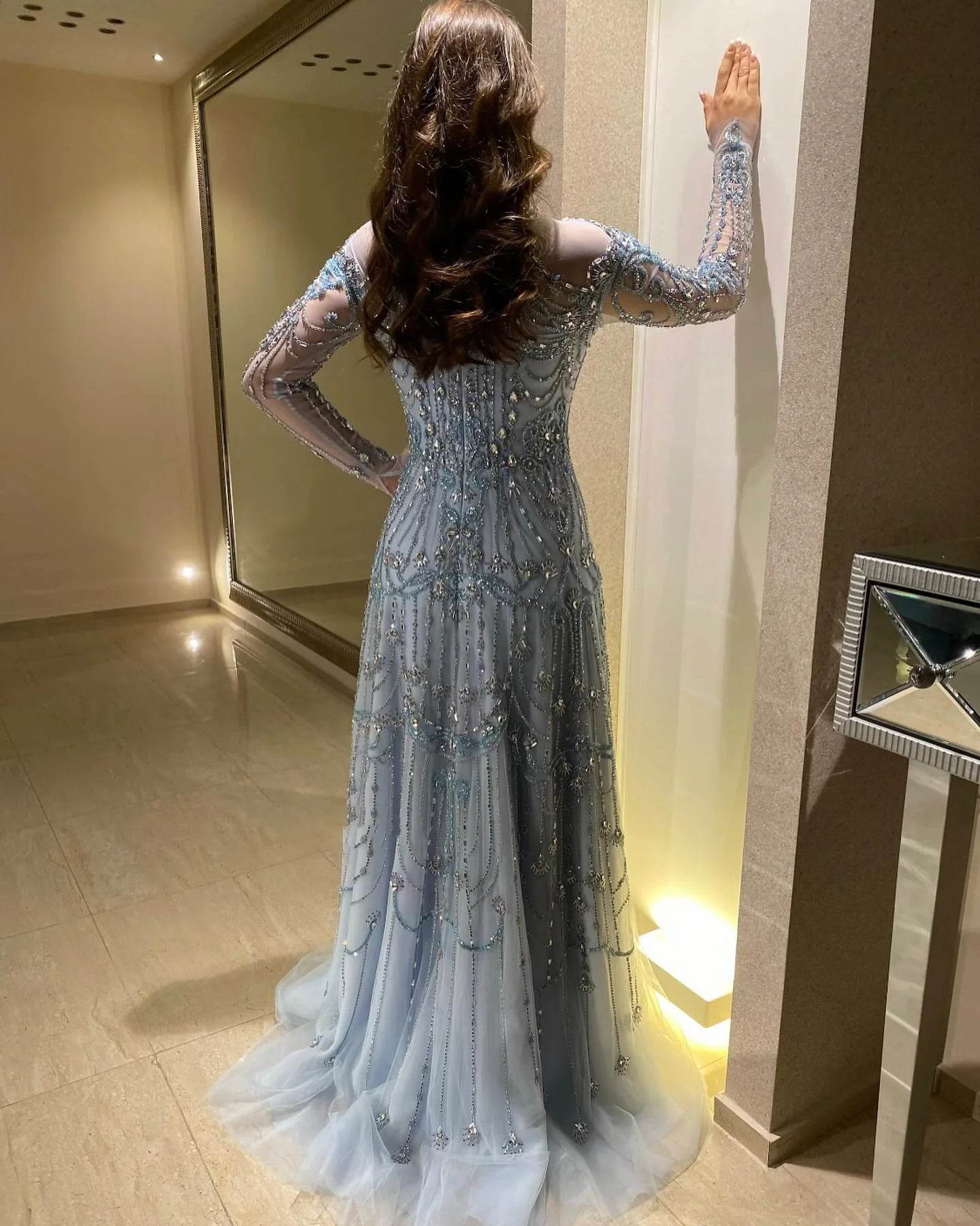 Sharon Said Blue Long Sleeve Evening Dress - High Neck & Beaded Detail - Buy Center