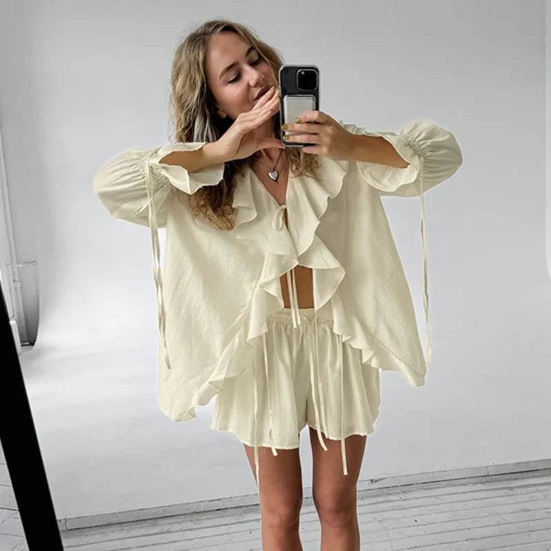 Tuularose Women's Ruffled Tie Top & Shorts Set - Casual Office Style - Buy Center