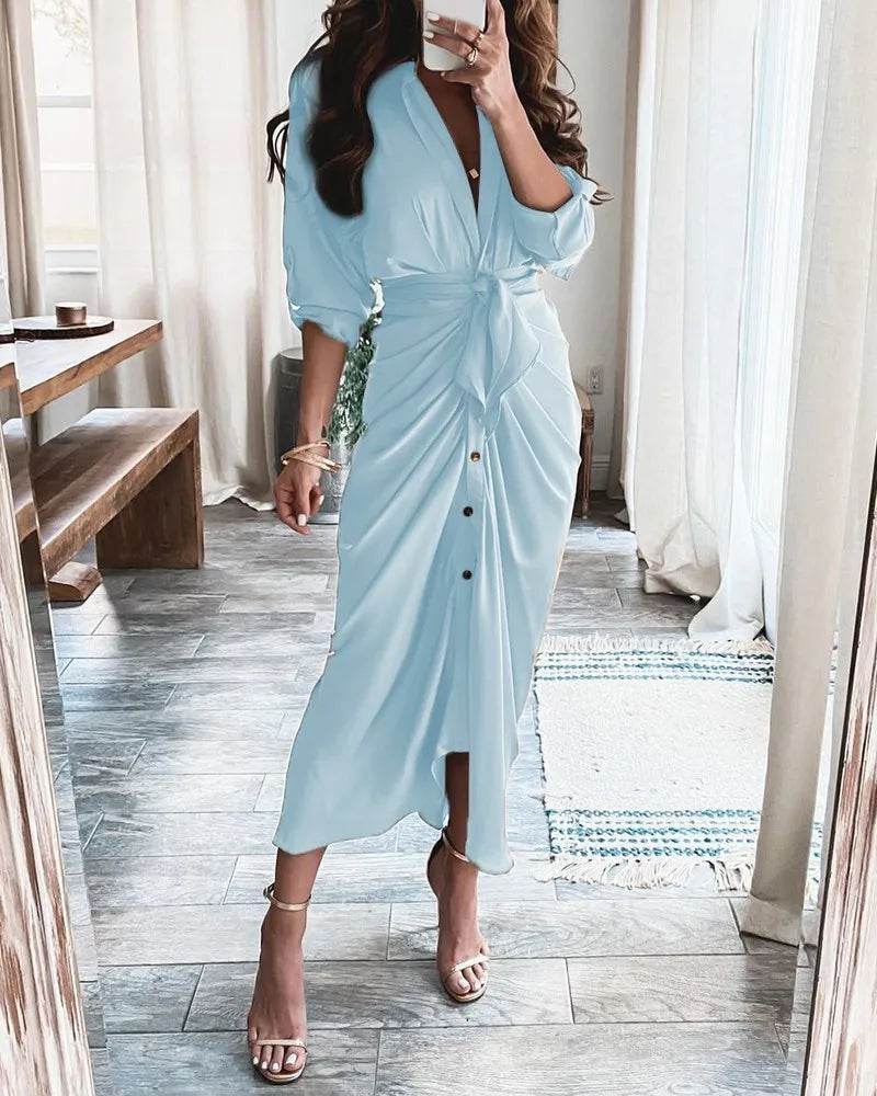 Summer Women’s Bandage Ruched Dress - Elegant V-Neck Casual Wear - Buy Center